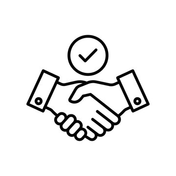Black and white line art vector icon of a handshake with a checkmark symbol representing partnership and agreement