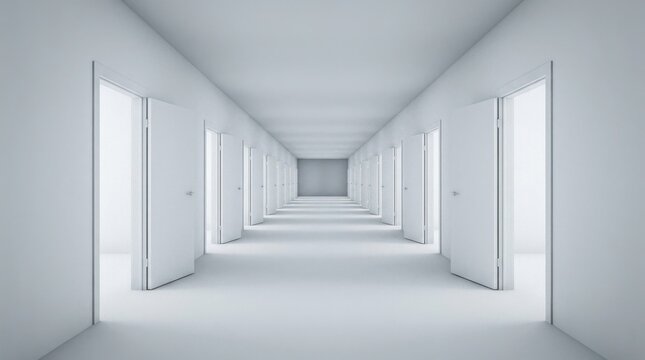 Endless white corridor with open doors stretching into the distance symbolizing choices and opportunities.