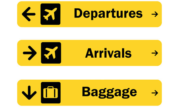 Yellow airport direction signs for departures arrivals and baggage claim on white background.