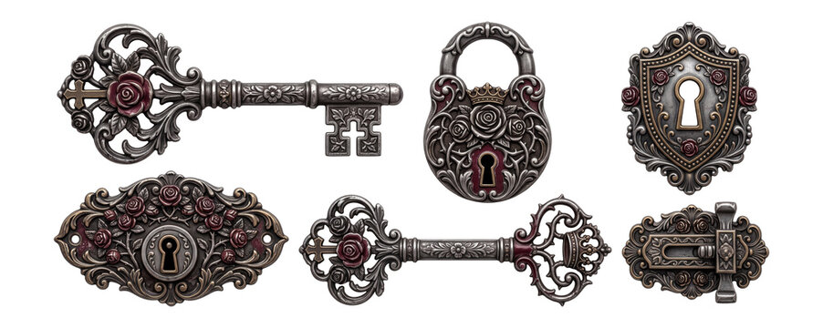 Antique Gothic Keys and Locks with Rose Filigree