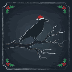 Obraz premium Festive black raven on branch in chalkboard style for greeting cards