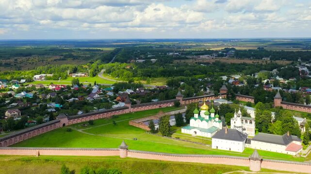 Suzdal, Russia. Flight. The Saviour Monastery of St. Euthymius is a monastery in Suzdal, founded in 1352. Drone footage, Departure of the camera