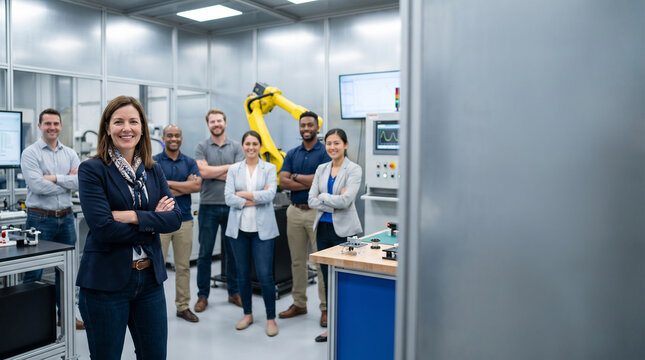 Robotics engineer leads diverse automation team in modern laboratory, showcasing robotics, artificial intelligence, mechatronics, engineering innovation and collaborative technology development.