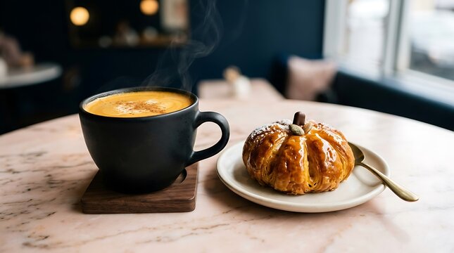Steaming pumpkin spice latte and fresh pastry on a cafe table for autumn breakfast