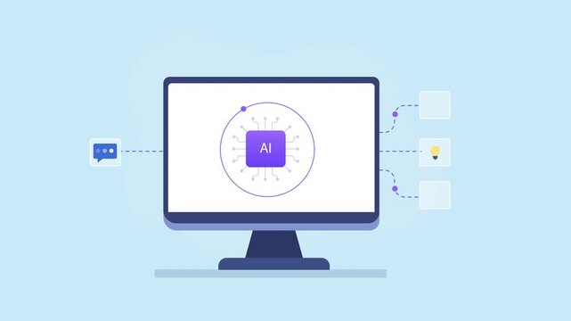 Modern flat vector animation showing a computer monitor with an artificial intelligence interface and connected chat, idea, and response icons, representing AI assistance, creative thinking, communica