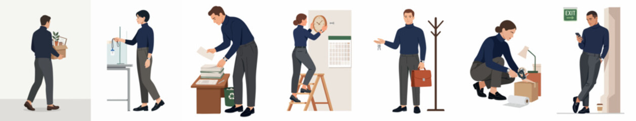 Obraz premium Minimalist flat vector illustrations showing a diverse group of office workers performing various professional tasks and office-related activities.