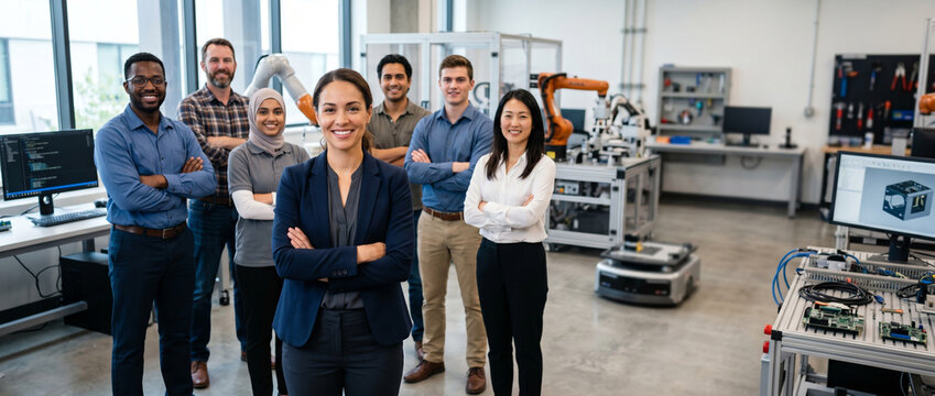 Robotics engineer leads diverse automation team in modern laboratory, showcasing robotics, artificial intelligence, mechatronics, engineering innovation and collaborative technology development.
