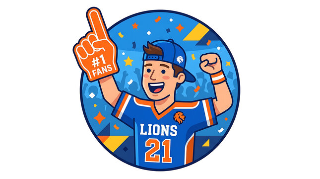 Cartoon sports fan wearing a Lions jersey and holding a number one foam finger