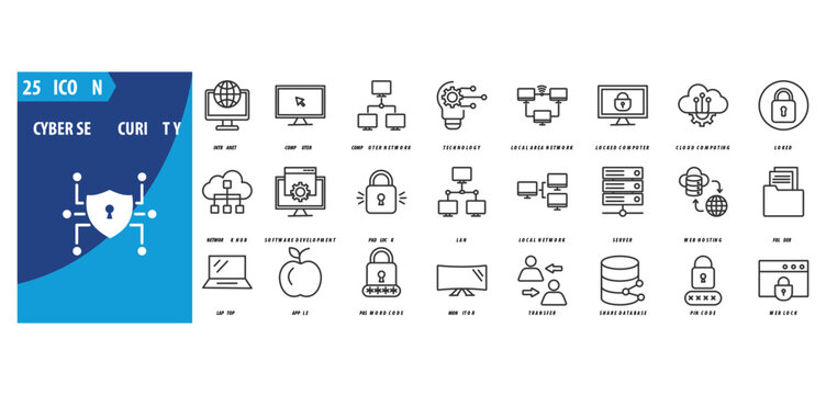 Cybersecurity icon set collection in outline style. The icon pack contains intranet, computer, computer network, technology, local area network, locked computer, cloud computing, locked, network hub
