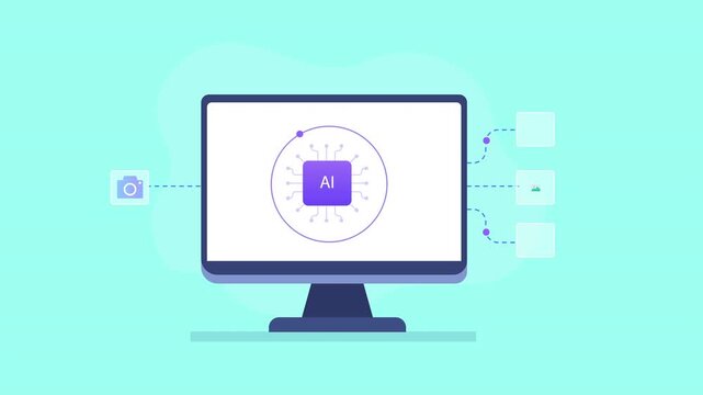 Modern flat vector animation showing a computer monitor with an artificial intelligence interface and connected camera, magic wand, image, and search icons, representing AI image analysis, editing, au