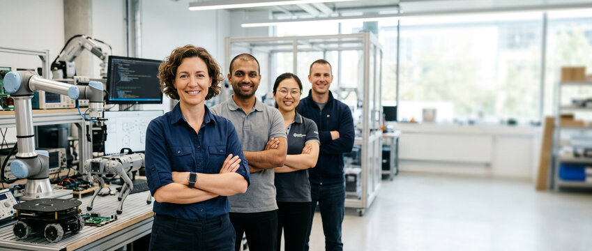 Robotics engineer leads diverse automation team in modern laboratory, showcasing robotics, artificial intelligence, mechatronics, engineering innovation and collaborative technology development.