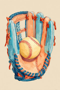 Baseball glove baseball sport equipment leather lacing overhead view watercolor illustration Baseball glove holding baseball with leather lacing