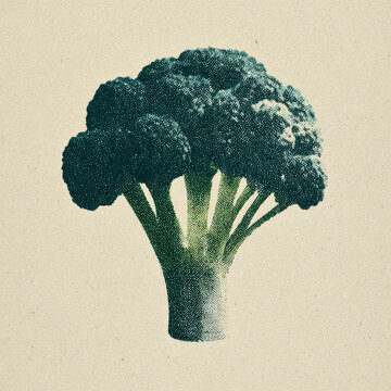 Fresh green broccoli floret with detailed texture on beige background, showcasing healthy vegetable nutrition and natural food beauty