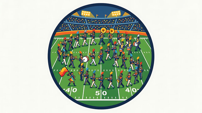 Marching band performing a halftime show on a football field