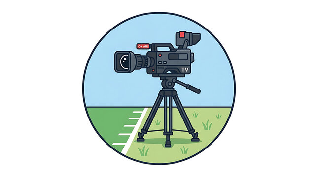 Professional broadcast TV camera on a tripod set up on a grass field