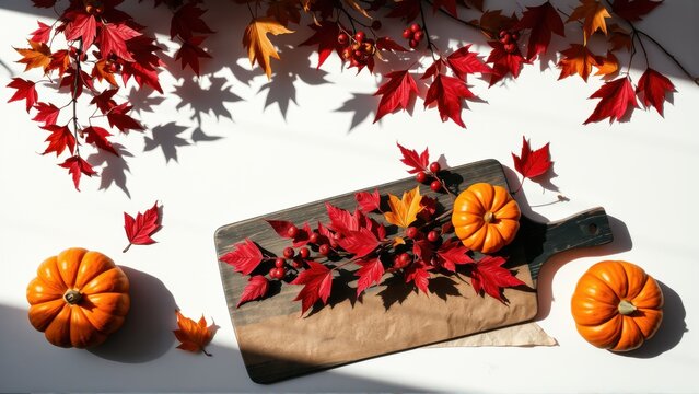 Autumn scene. Pumpkins, leaves, wooden board. Warm tones, shadows create cozy fall aesthetic. Simple composition.
