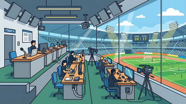 Professional broadcast team in a sports stadium commentary box