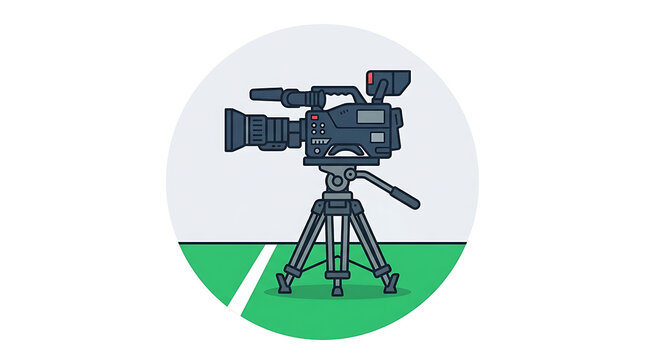 Professional video camera on a tripod set up on a playing field