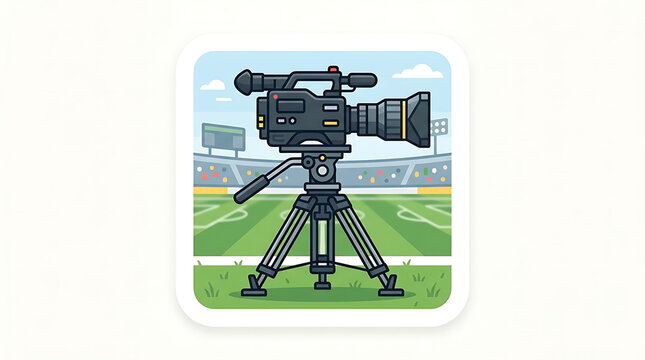 Professional video camera on a tripod centered in a sports stadium
