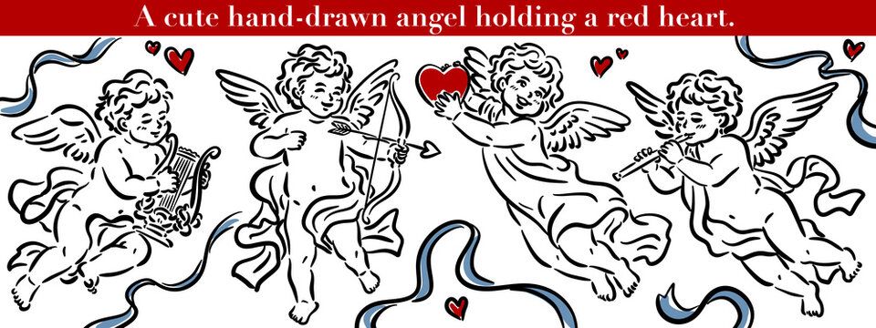 Cute baby angel line art transparent illustration for wedding invitation, baby shower, birthday party, Valentine card, birth celebration poster, aesthetic minimalist angel wing drawing, outline design