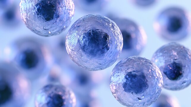 Microscopic view of human living cells,soft diffused lavender‑blue light,clean minimalist background,biomedical popular‑science visualization
