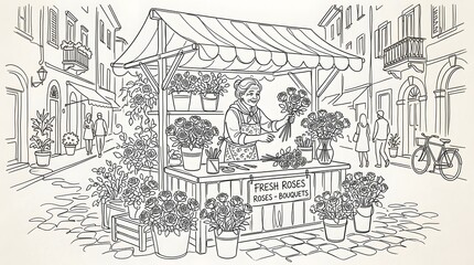 Obraz premium Flower Vendor Woman Selling Fresh Roses Bouquets on Street Market Scene
