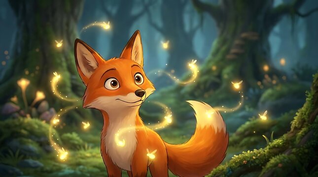 Cartoon fox in enchanted forest surrounded by fireflies.