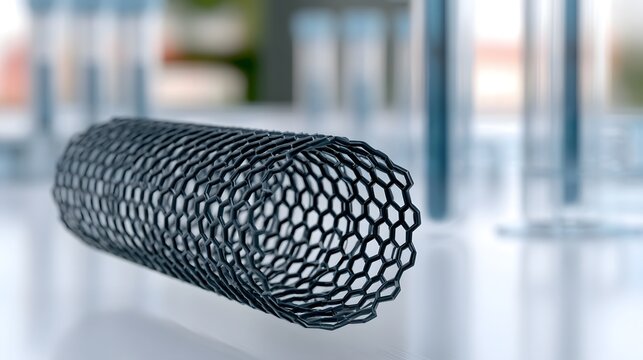 A detailed view of a black hexagonal mesh tube resting on a reflective surface with blurred laboratory equipment in the background