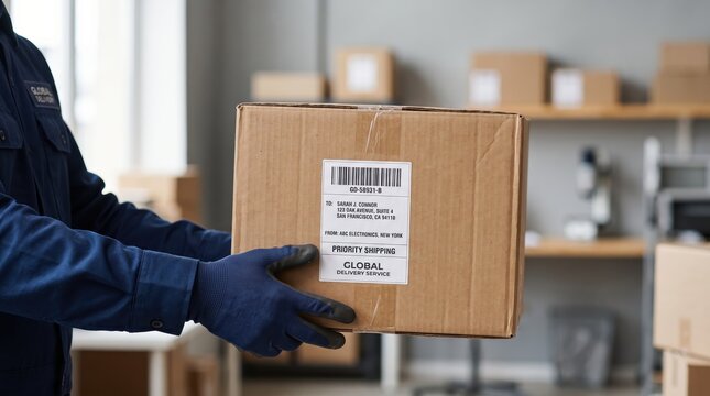 Professional delivery service worker holding cardboard shipping box with priority label in warehouse logistics center, global distribution supply chain, courier handling parcel