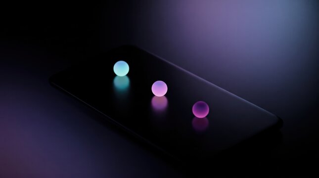 Three glowing colorful spheres resting on black smartphone screen in dark environment creating neon light reflections