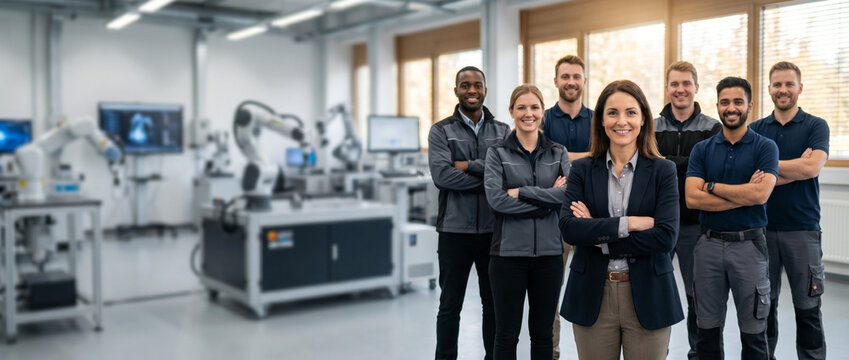 Robotics engineer leads diverse automation team in modern laboratory, showcasing robotics, artificial intelligence, mechatronics, engineering innovation and collaborative technology development.