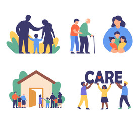Fototapeta premium Set of vector illustrations representing family care, support, togetherness, and community assistance for insurance advertising.