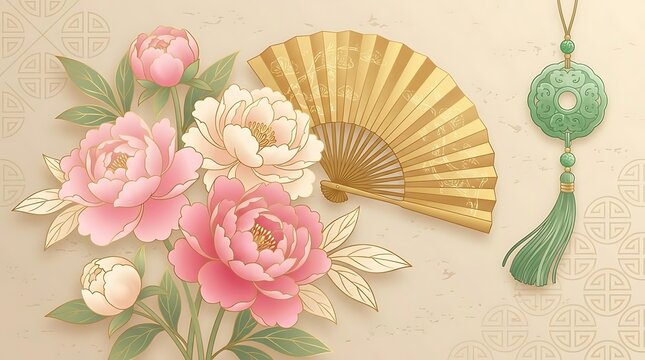 Chinese floral illustration with gold fan and jade.