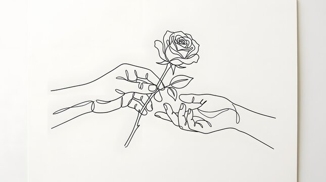 Minimalist Black Line Drawing of Hands Holding a Rose on White Background