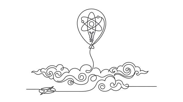 Minimalist Line Art Light Bulb with Atomic Structure Inside Floating Above Cloud and Airplane