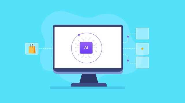 Modern flat vector animation showing a computer monitor with an artificial intelligence interface and connected shopping, tag, rating, and analytics icons, representing AI-powered ecommerce, online sh