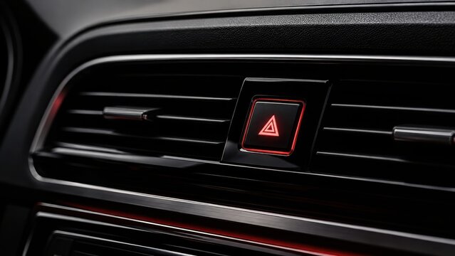 A close up view of a car dashboard featuring a glowing red hazard warning light button set within black air conditioning vents and trim