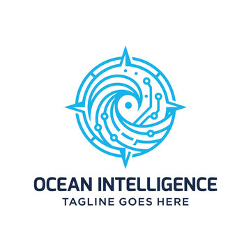 Modern Blue nautical compass rose with tech circuit lines swirling ocean waves logo design