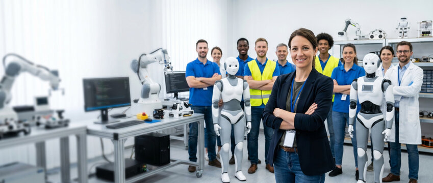 Robotics engineer leads diverse automation team in modern laboratory, showcasing robotics, artificial intelligence, mechatronics, engineering innovation and collaborative technology development.