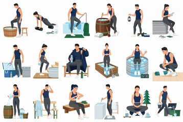 Fototapeta premium A comprehensive collection of diverse individuals practicing various cold water therapy and ice bath recovery techniques after physical exercise, illustrated in a modern style.