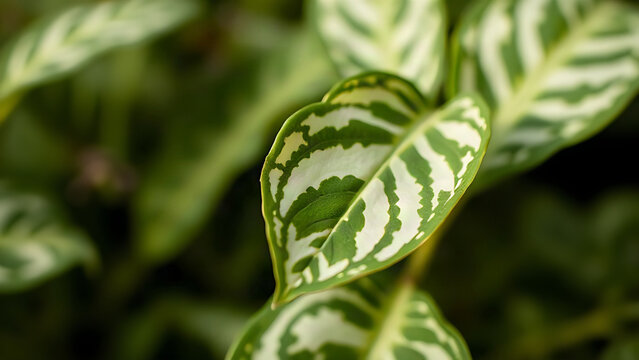 Variegated leaf with white and green pattern on plant, natural foliage detail