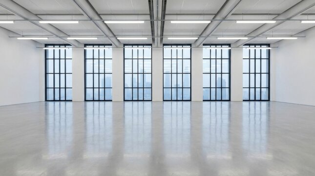 Modern empty industrial warehouse interior with large windows and polished concrete floor.
