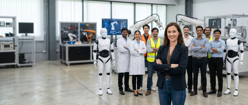 Robotics engineer leads diverse automation team in modern laboratory, showcasing robotics, artificial intelligence, mechatronics, engineering innovation and collaborative technology development.