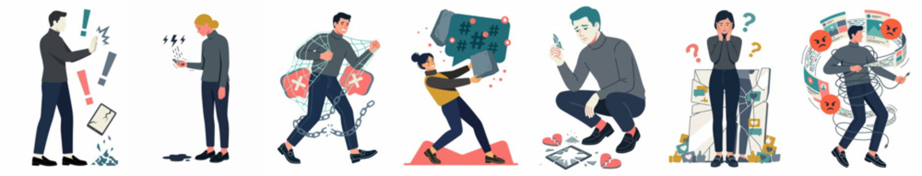 Flat vector set of diverse people experiencing various work-related challenges, including stress, digital overwhelm, technical errors, and heavy workloads.