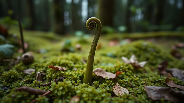 Involute fern fiddlehead in forest moss, growth and nature renewal concept