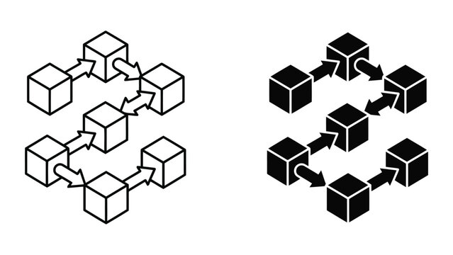 Blockchain technology connected data block structure flat line icon set