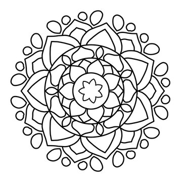 Simple hand drawn mandala coloring page background. High-resolution easy line art illustration for beginners, kids, seniors, adult coloring book, and stress relief therapy.