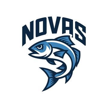 Sports team mascot logo featuring a blue jumping fish below the word NOVAS in bold athletic typography.