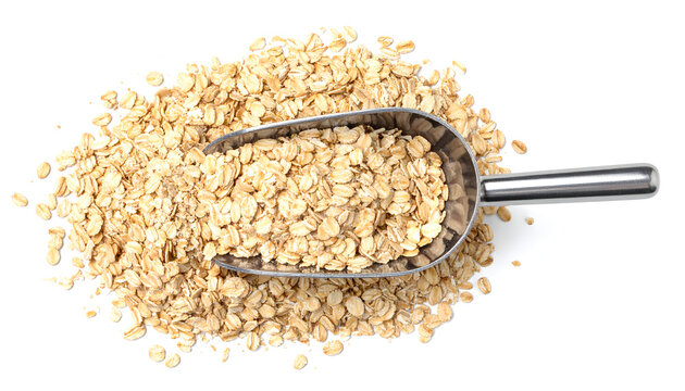 Dispenser scoop resting in heap of rolled oats creating unpackaged grocery shopping mood generative AI