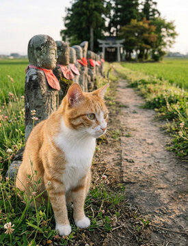 畦道の地蔵の隣に佇む茶トラ猫